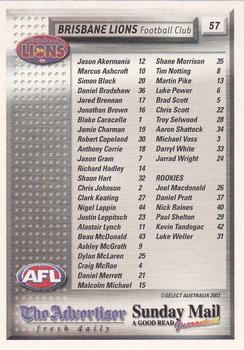 2003 Select The Advertiser-Sunday Mail AFL #57 Brisbane Lions Back